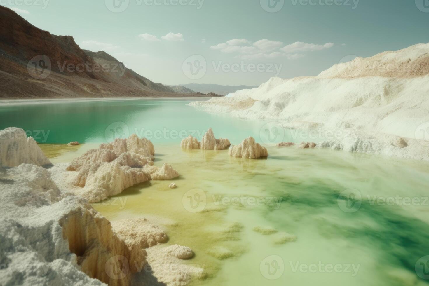Dead sea in the style of light gold and emerald. Surrealistic masterpieces, snapshot aesthetic, white and azure, earthworks, colorful animation stills, gorecore. photo