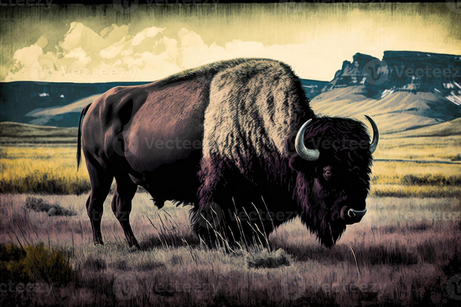 The bison grazed peacefully in the vast expanse of the Great Plains, surrounded by rolling hills and distant mountains. Ink color painting. photo