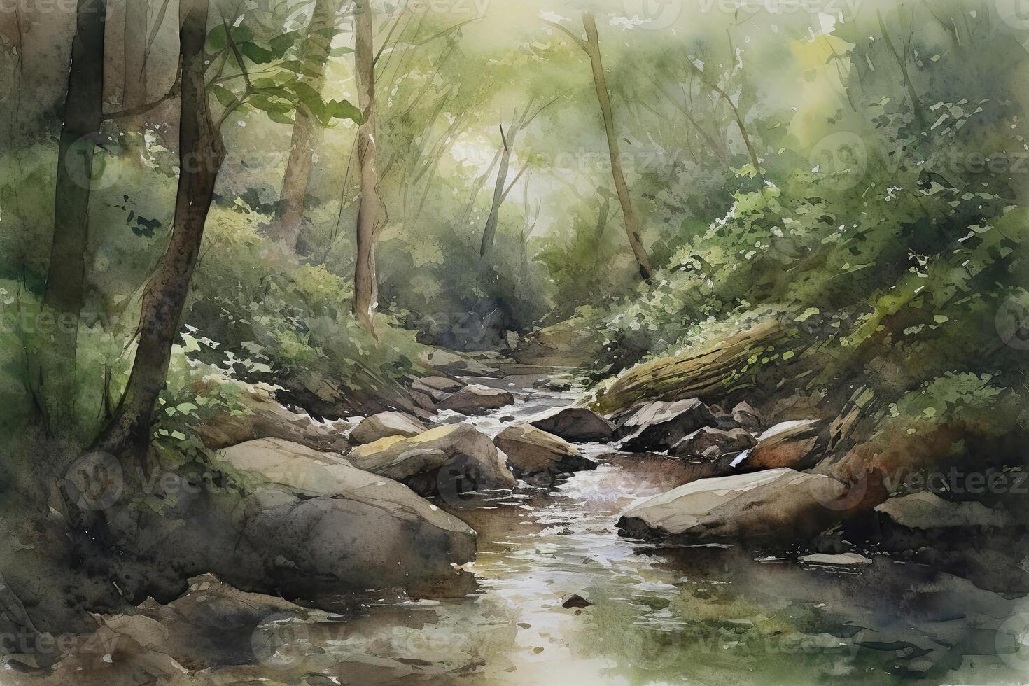 Tranquil forest stream running through a grove of trees. Watercolor Painting. photo