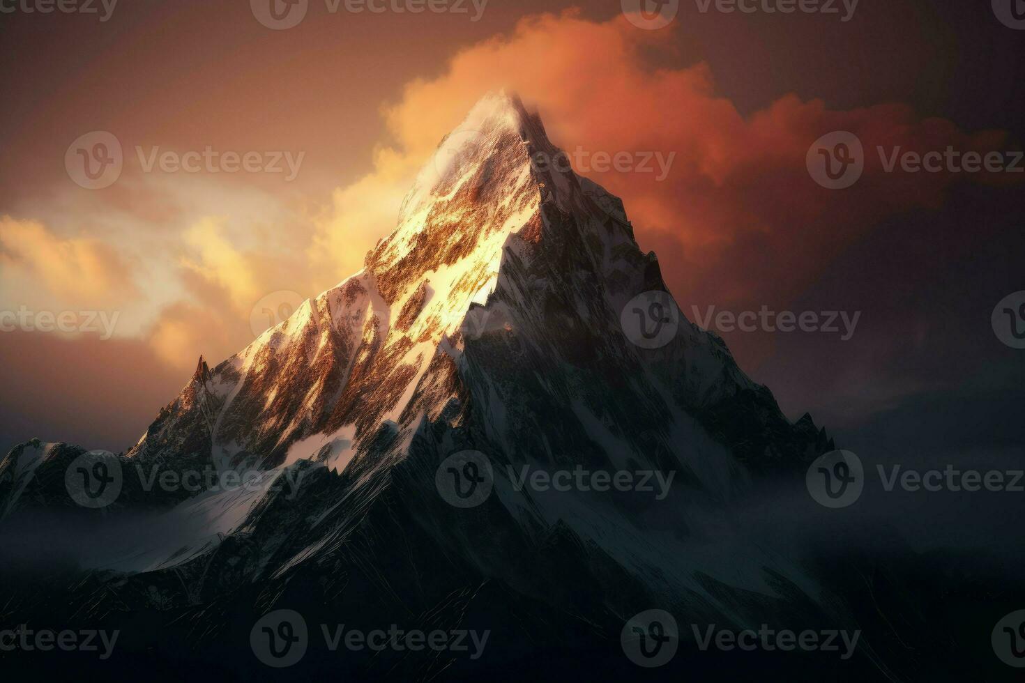 AI Generated Snow-covered mountain peak, stretching upwards towards the sky and bathed in the warm glow of a sunrise. photo