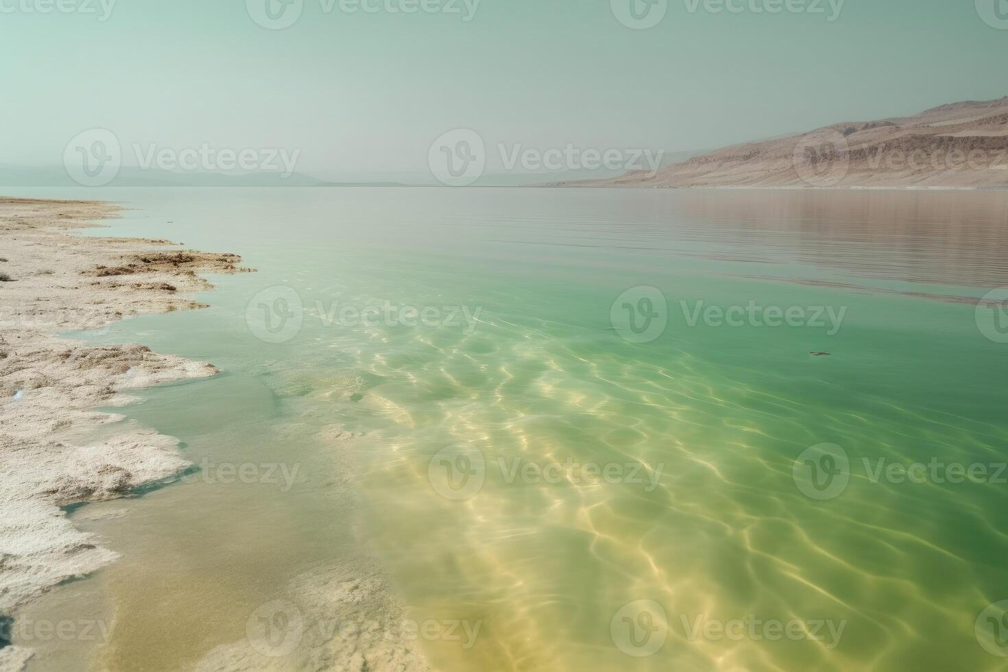 Dead sea in the style of light gold and emerald. Surrealistic masterpieces, snapshot aesthetic, white and azure, earthworks, colorful animation stills, gorecore. photo
