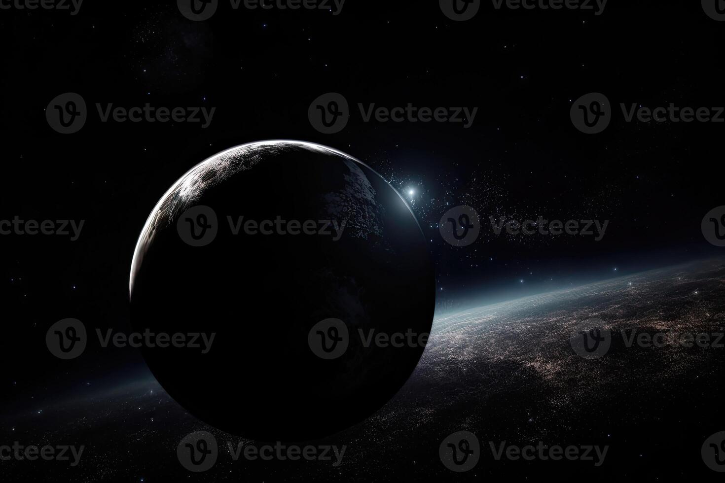 Lone planet in the distance stands out against the inky blackness of space. photo