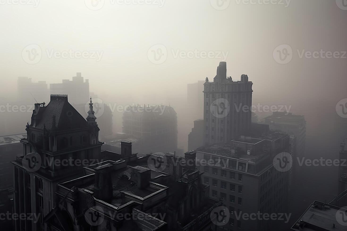 Grey pallor of the smog gives the city an eerie and lifeless appearance. photo