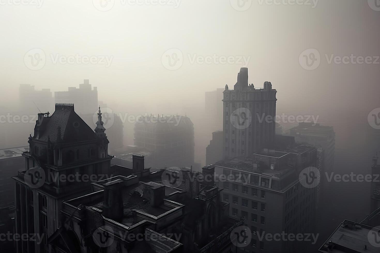 AI Generated Grey pallor of the smog gives the city an eerie and lifeless appearance. photo