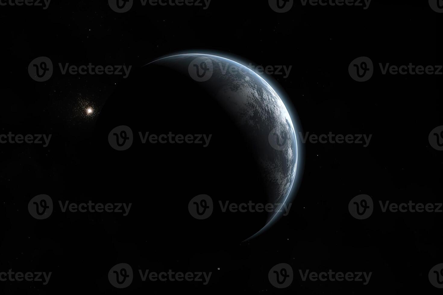 Lone planet in the distance stands out against the inky blackness of space. photo