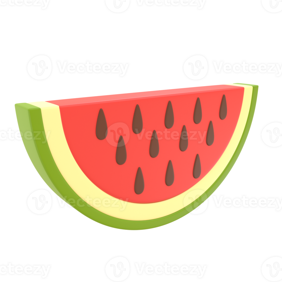 A cut red watermelon slice with dark seeds on a transparent background. PNG. 3D rendering png