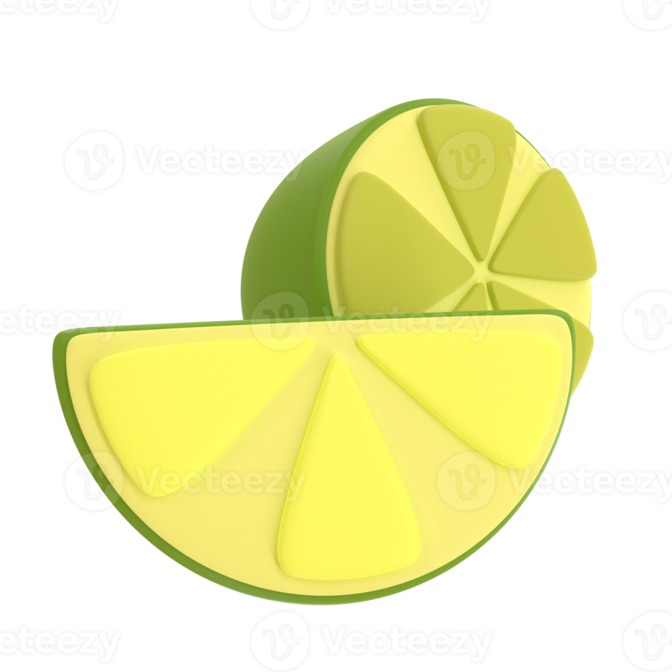 Pieces of green sour lime without background. Stylized illustration. 3D rendering. PNG