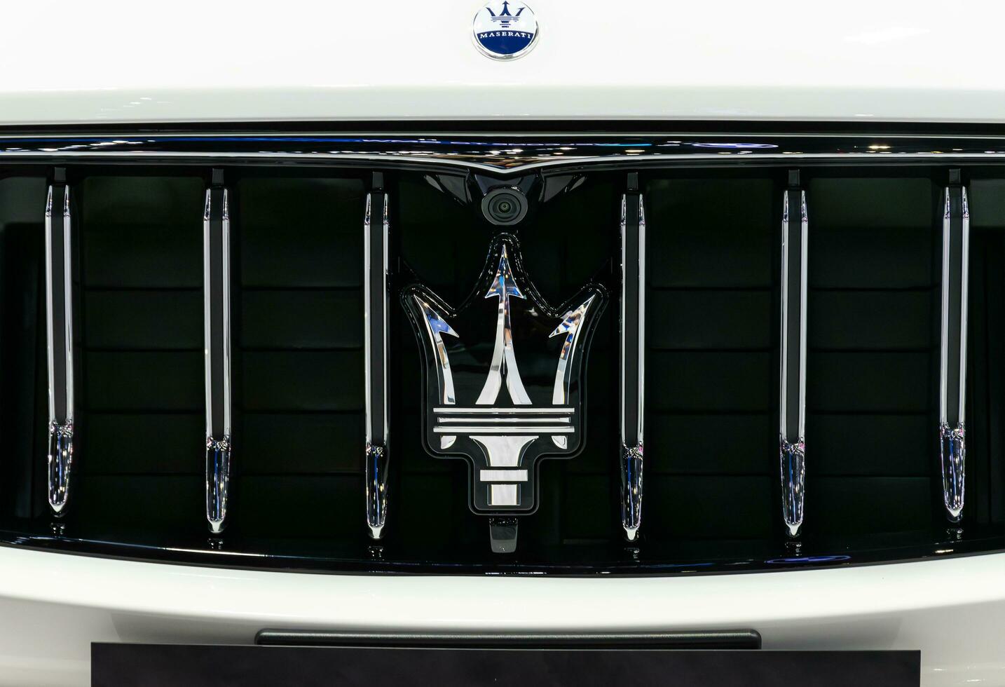 Nonthaburi Thailand 6 December 2022 Logo Maserati on grille and hood photo