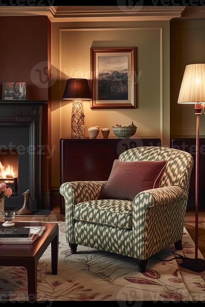 Modern classic sitting room decor, interior design and house improvement, living room furniture, armchair and home decor in English country house and elegant cottage style, generative ai photo