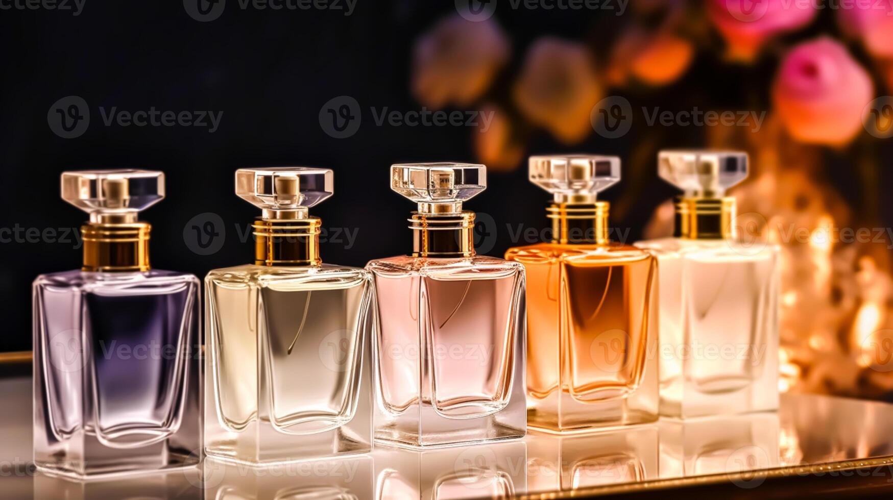 Luxury fragrance bottles at perfume scent at presentation event, bespoke perfumery and beauty product sale, photo