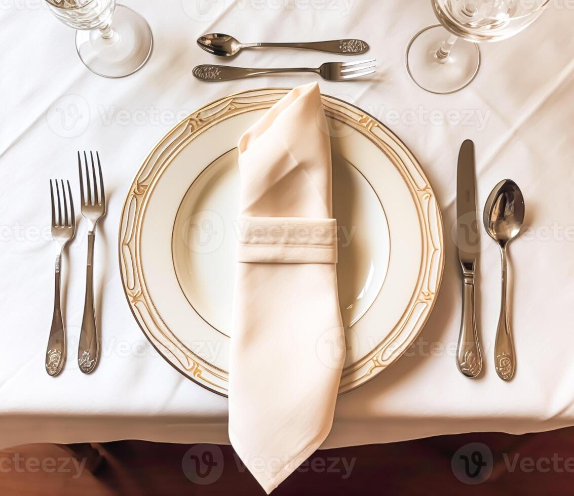 Elegant dinner table setting arrangement in English country style as flatlay tablescape, folded napkin on a serving plate, tableware and holiday table decor, photo