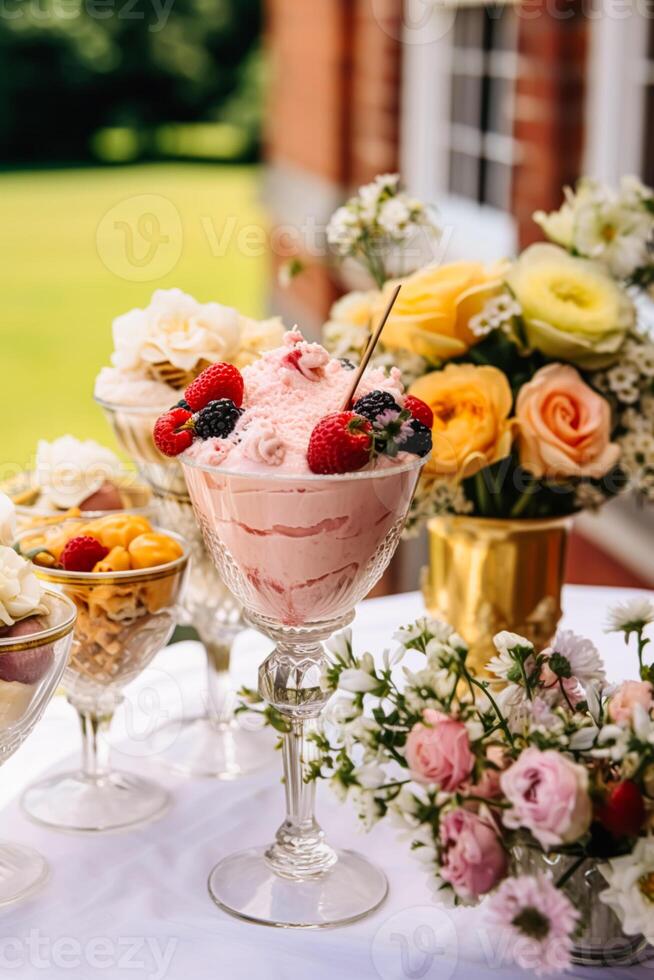 hielo crema postres buffet mesa, evento comida abastecimiento para boda, fiesta y fiesta celebracion, hielo cremas y flores decoración en un floral campo jardín, generativo ai foto