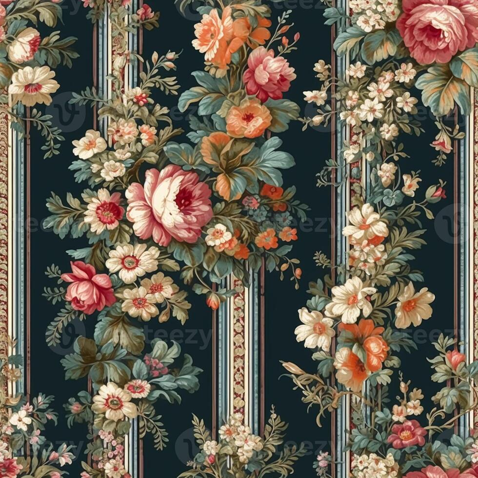 sin costura modelo con flores, clásico país cabaña estilo floral y rayas impresión para fondo de pantalla, tela y producto diseño, generativo ai foto