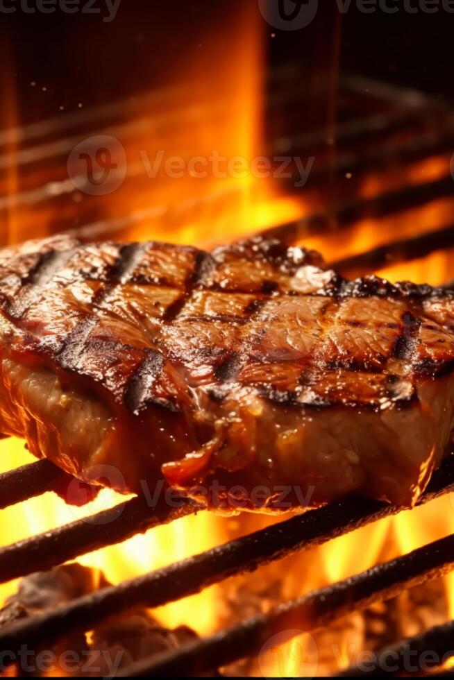 Meat beef steak grilled on fire, food bbq and hot grill, generative ai photo