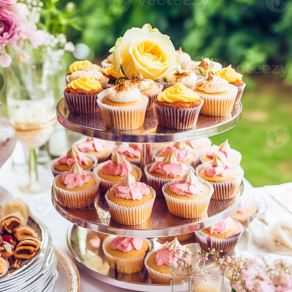 pastelitos, pasteles, bollos y magdalenas y fiesta decoración al aire libre a el Inglés país estilo jardín, dulce postres para boda, cumpleaños o fiesta celebracion, generativo ai foto