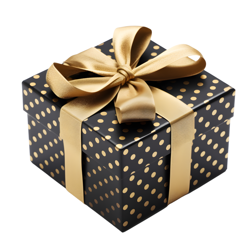 Black dotted gift box with golden bow ribbon. AI Generated 25246463 PNG