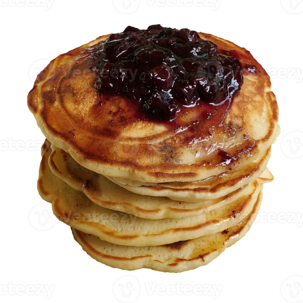 fresh blueberry pancakes with homemade jam and maple syrup png