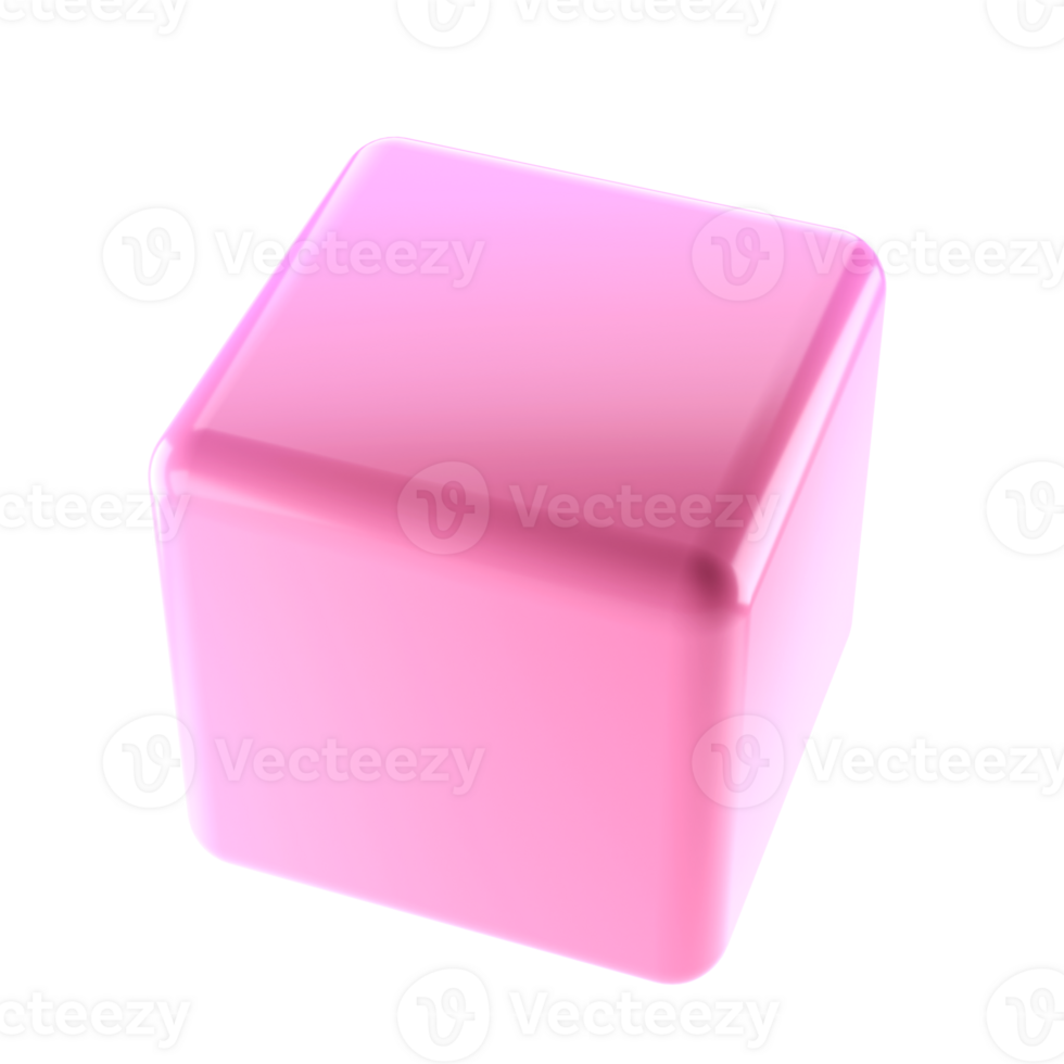 3d block object metal cube abstract geometric shape. Realistic glossy pink and lilac gradient luxury template decorative design illustration. Minimalist bright element mockup isolated transparent png