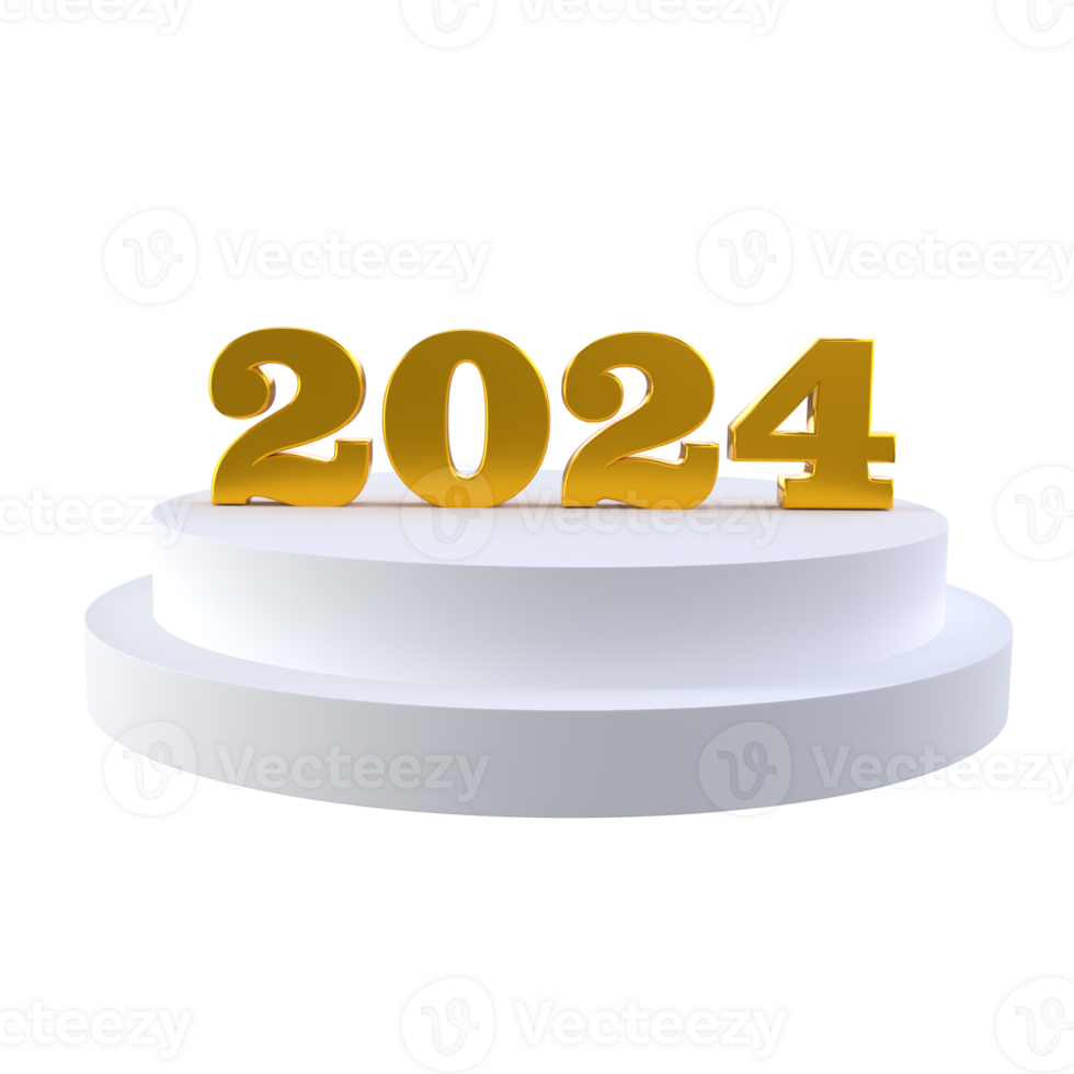 Happy New Year 2024 with shiny 3D golden numbers on white podium isolated transparent png. Holiday gold celebration design. Premium element for posters, banners, calendar and greeting card png