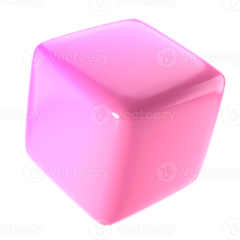 3d block object metal cube abstract geometric shape. Realistic glossy pink and lilac gradient luxury template decorative design illustration. Minimalist bright element mockup isolated transparent png