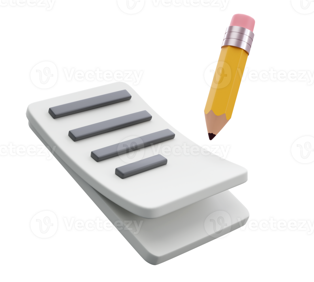 3d white sheet of paper document with strokes and with pencil logo icon. Management efficient work on project plan concept, work solution render illustration. isolated transparent png