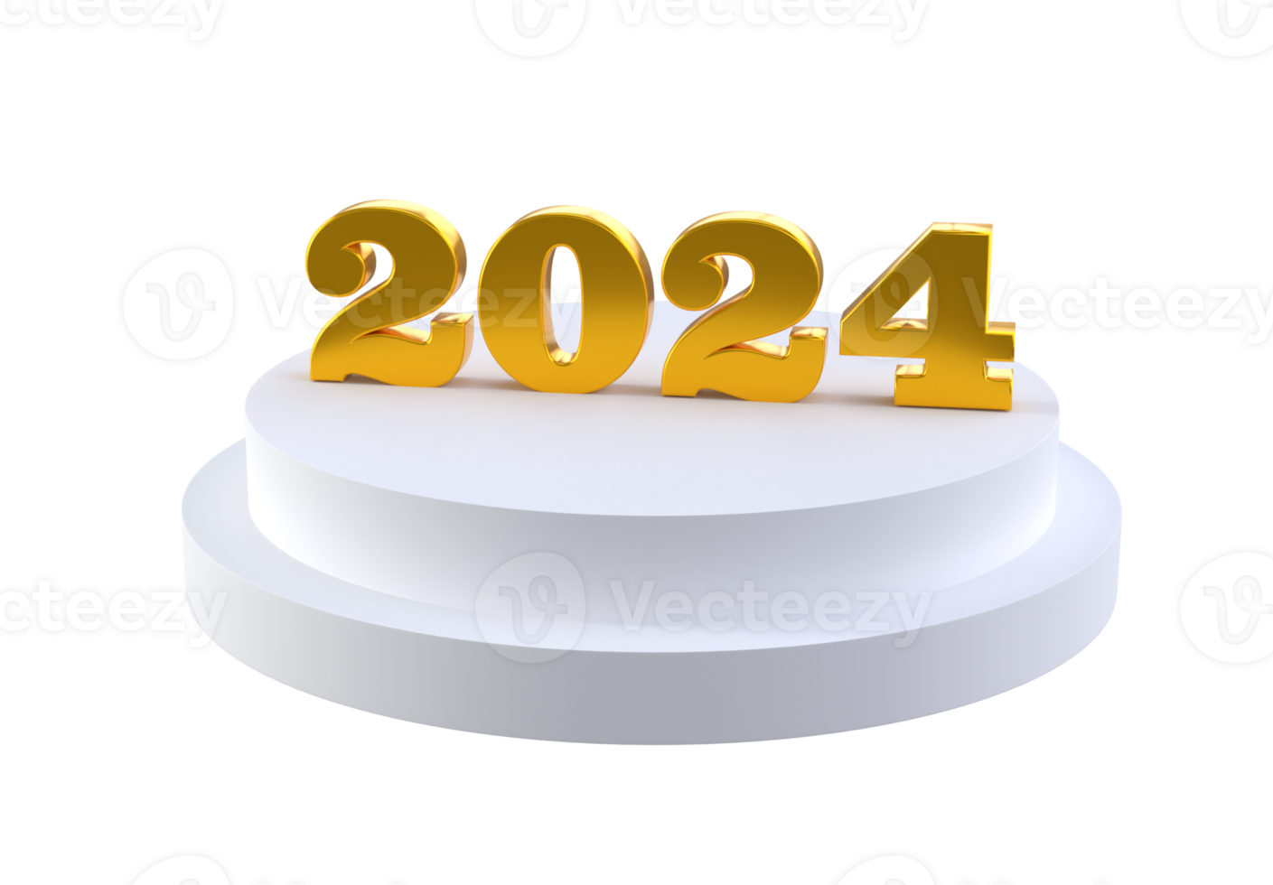 Lycklig ny år 2024 med skinande 3d gyllene tal på vit podium isolerat transparent png. Semester guld firande design. premie element för affischer, banderoller, kalender och hälsning kort png