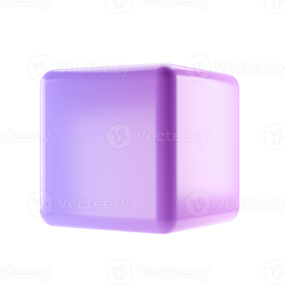 3d block object cube abstract geometric shape. Realistic glossy lilac gradient luxury template decorative design illustration. Minimalist bright element mockup isolated transparent png