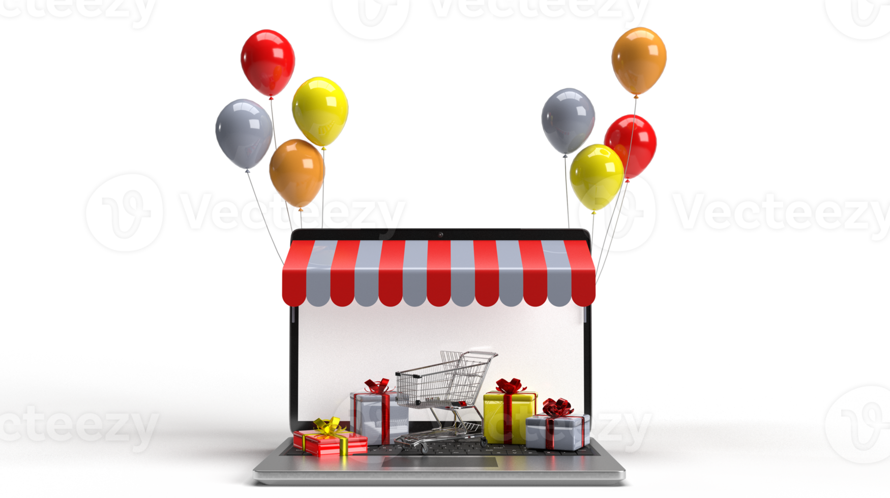 Store shopping balloon notebook computer cart gift box yellow orange red  black grey color white screen symbol decoration black friday sale surprise  november event retail business deal big.3d render 25247112 PNG