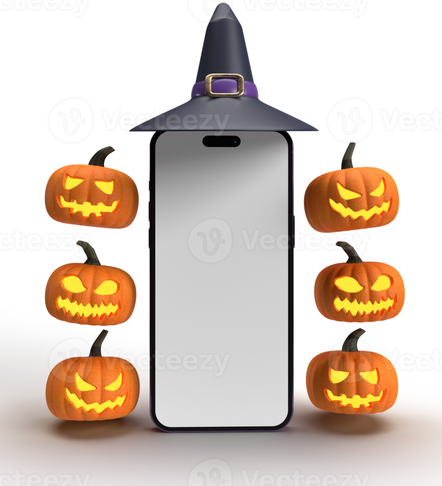 Phone smartphone white isolate color mock up empty electronic design pumpkin hat screen device display happy halloween 31 thirty one october jack treat of trick scary lantern happy smile sale product png