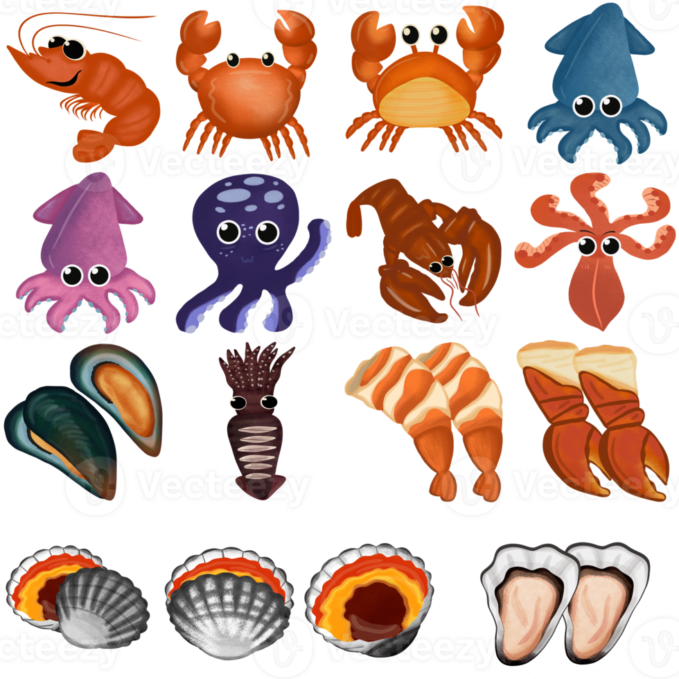 Set of Cute Seafood on transparency backgound png