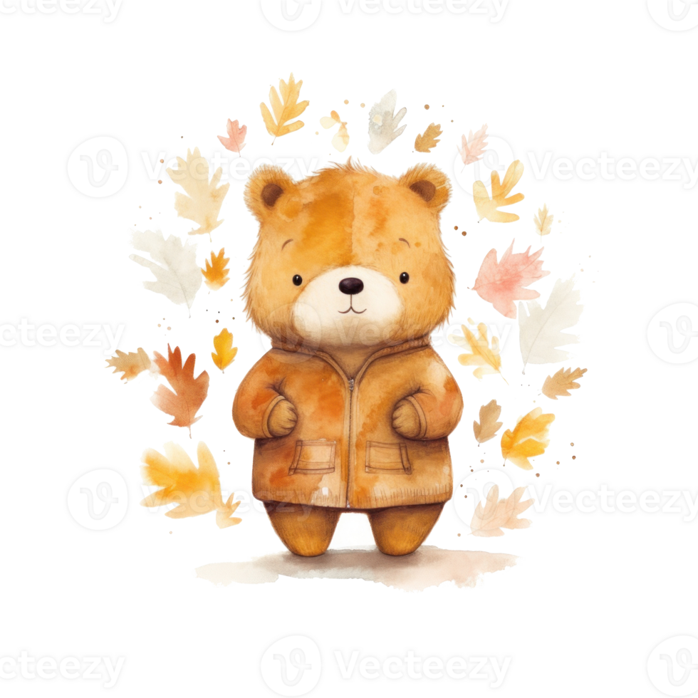 Cute watercolor baby autumn bear isolated. Illustration png