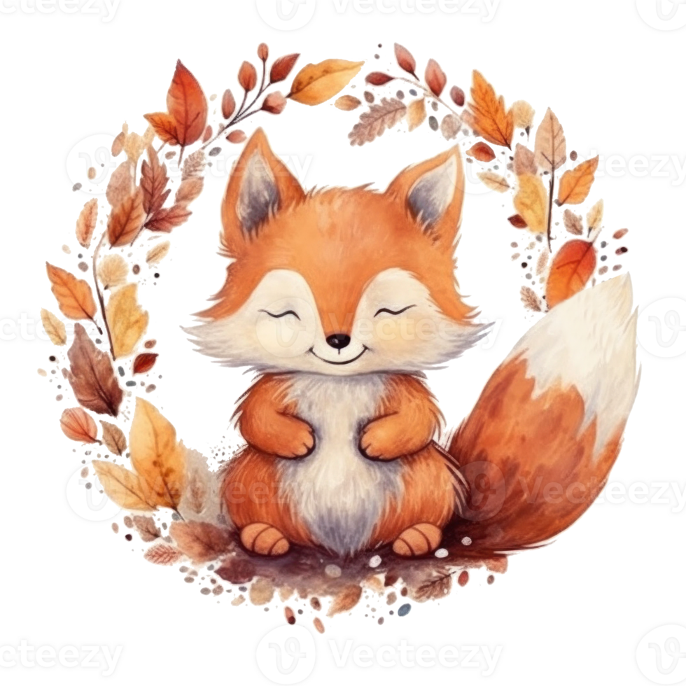 Cute watercolor baby autumn fox isolated. Illustration png