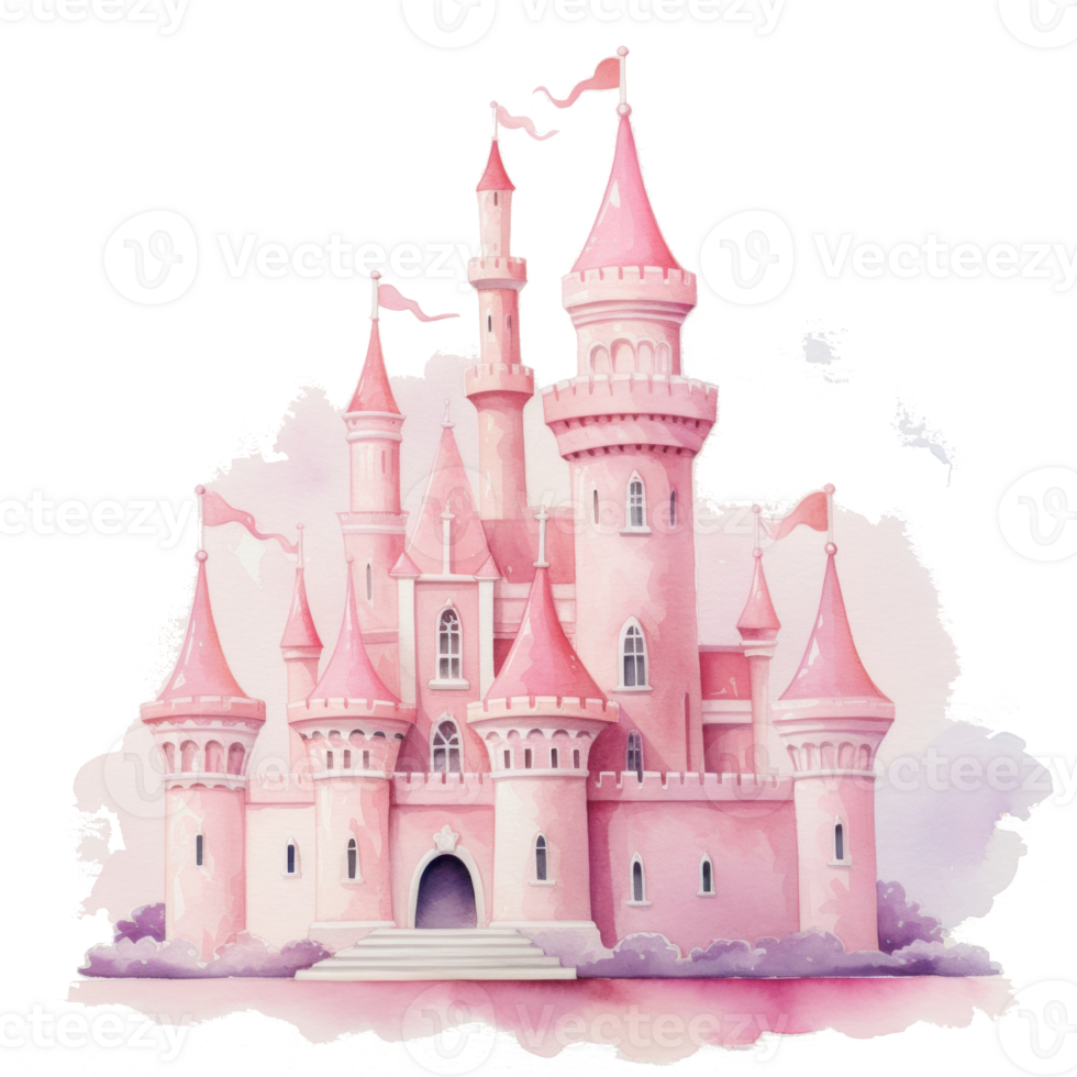 Pink watercolor princess castle isolated. Illustration AI Generative png