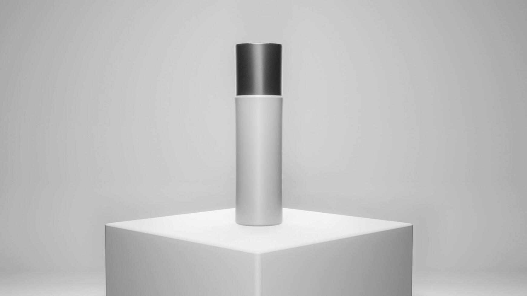 embalaje rociar cosmético botella en blanco antecedentes. Bosquejo para cuerpo rociar o perfume botella producto 3d representación. foto