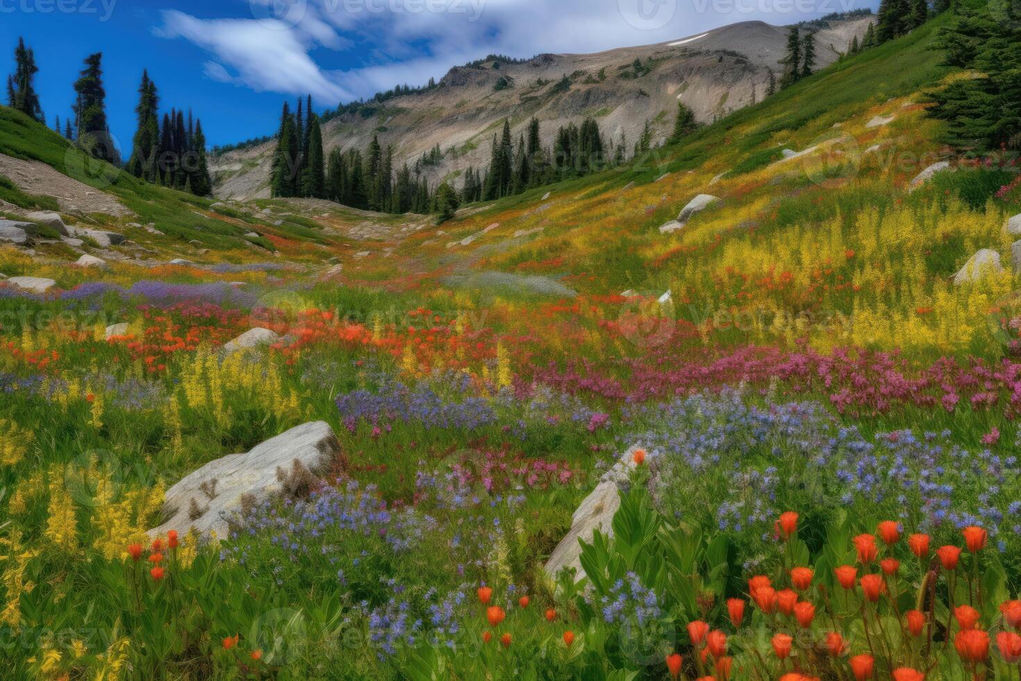 AI Generated Vibrant colors of the wildflowers dotting the landscape bring life to the wilderness. photo