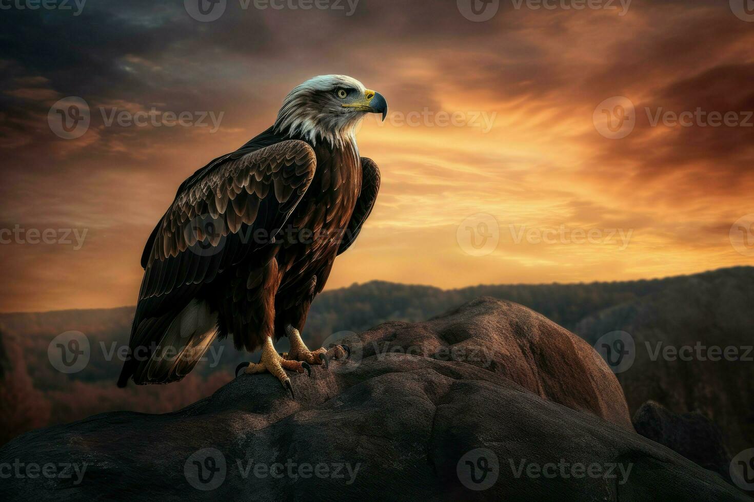 AI Generated Majestic eagle perched on a rocky outcropping, framed by a dramatic, fiery sunset sky. photo