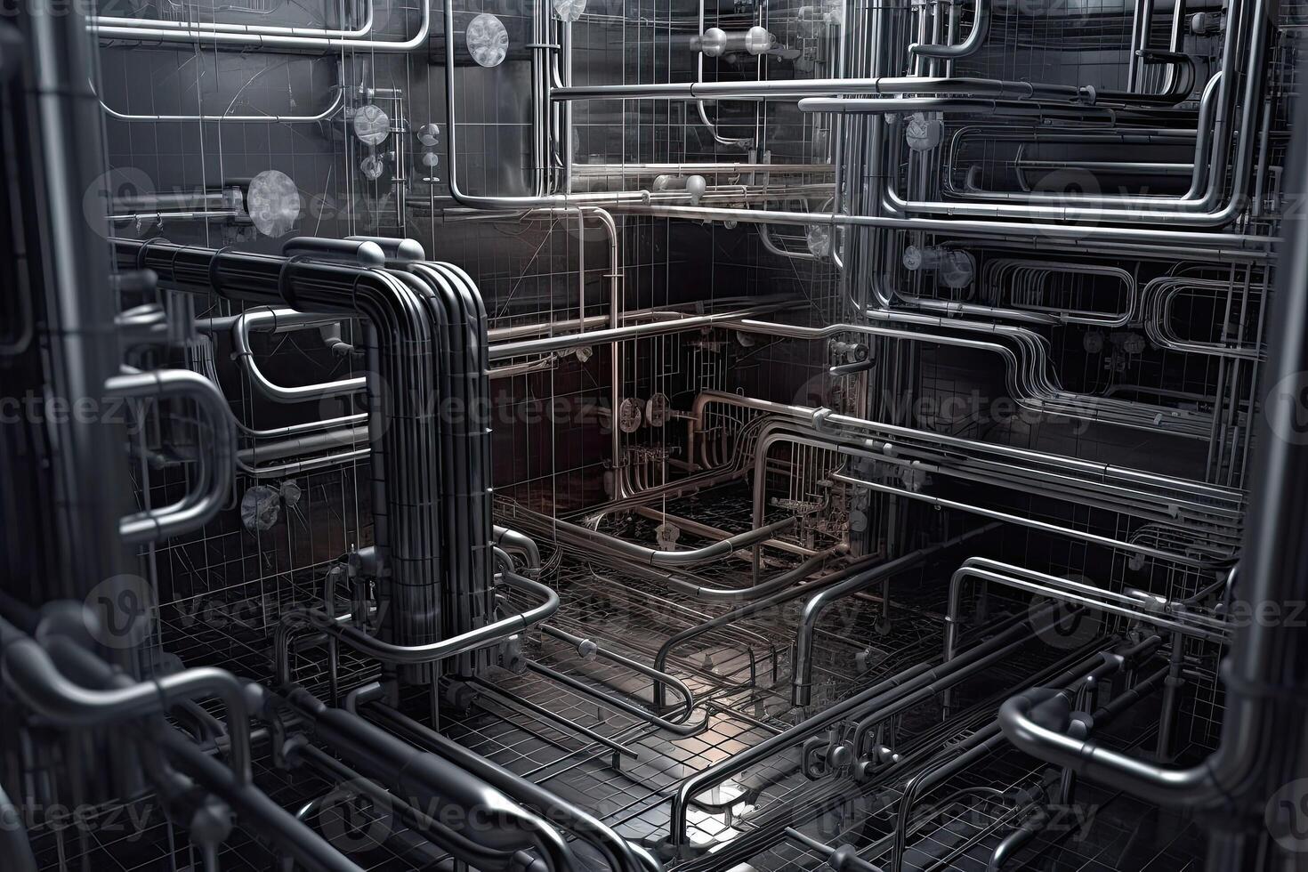 Maze of metal pipes and wires of the semiconductor factory creates an intricate, almost artistic pattern. photo