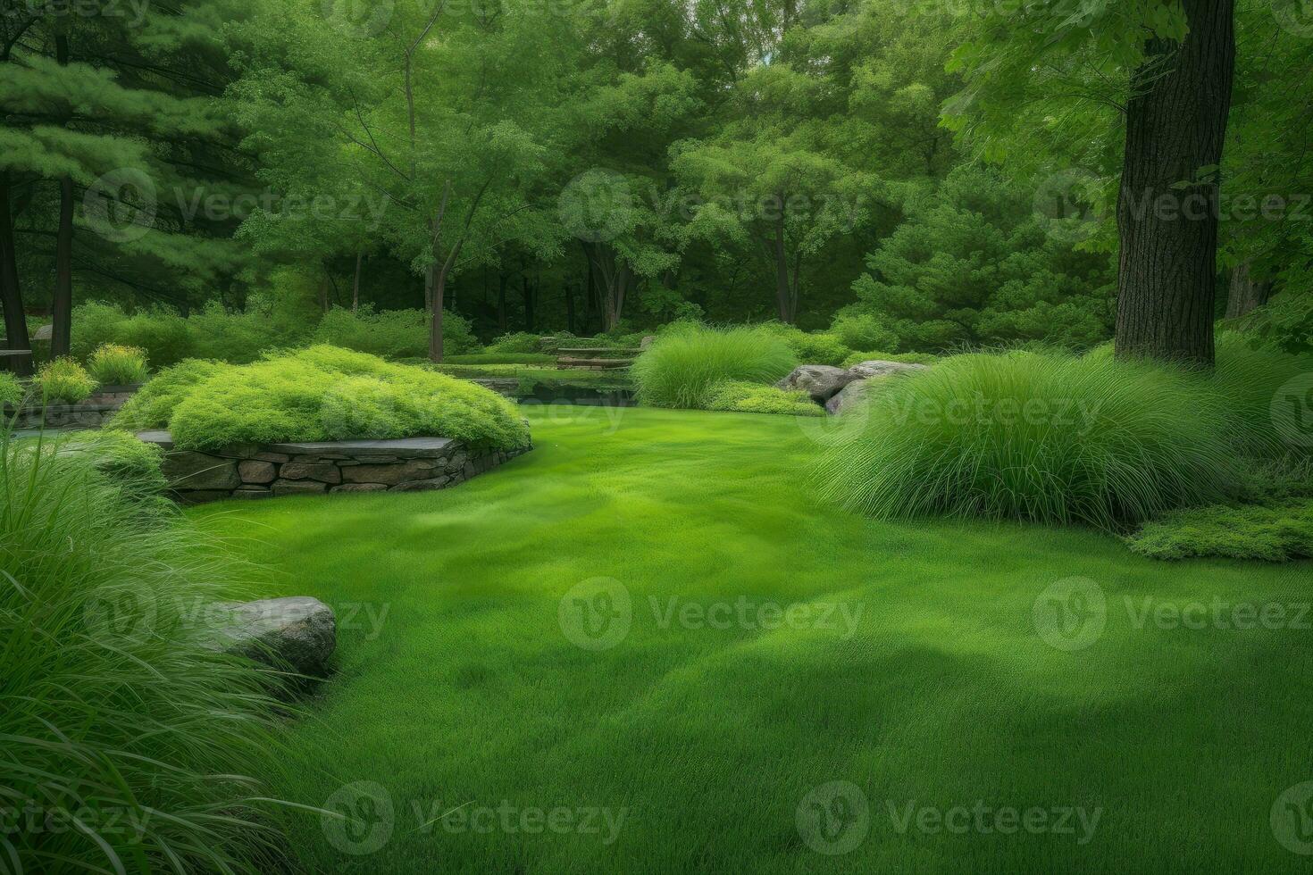 AI Generated Vivid green of the grass creates a lush and inviting landscape. photo