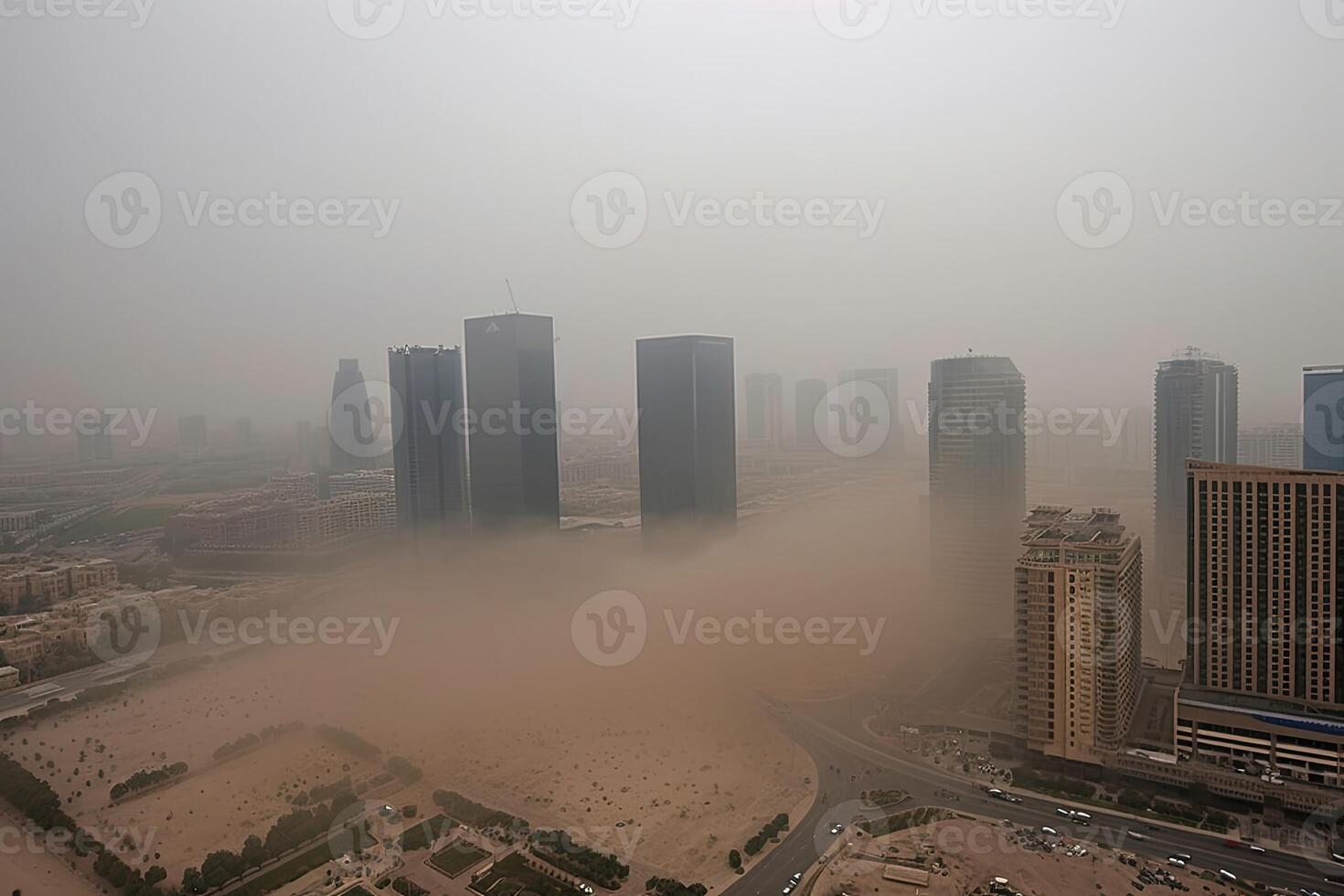 ai generado de la ciudad horizonte es apenas visible mediante el grueso nube de polvo. foto