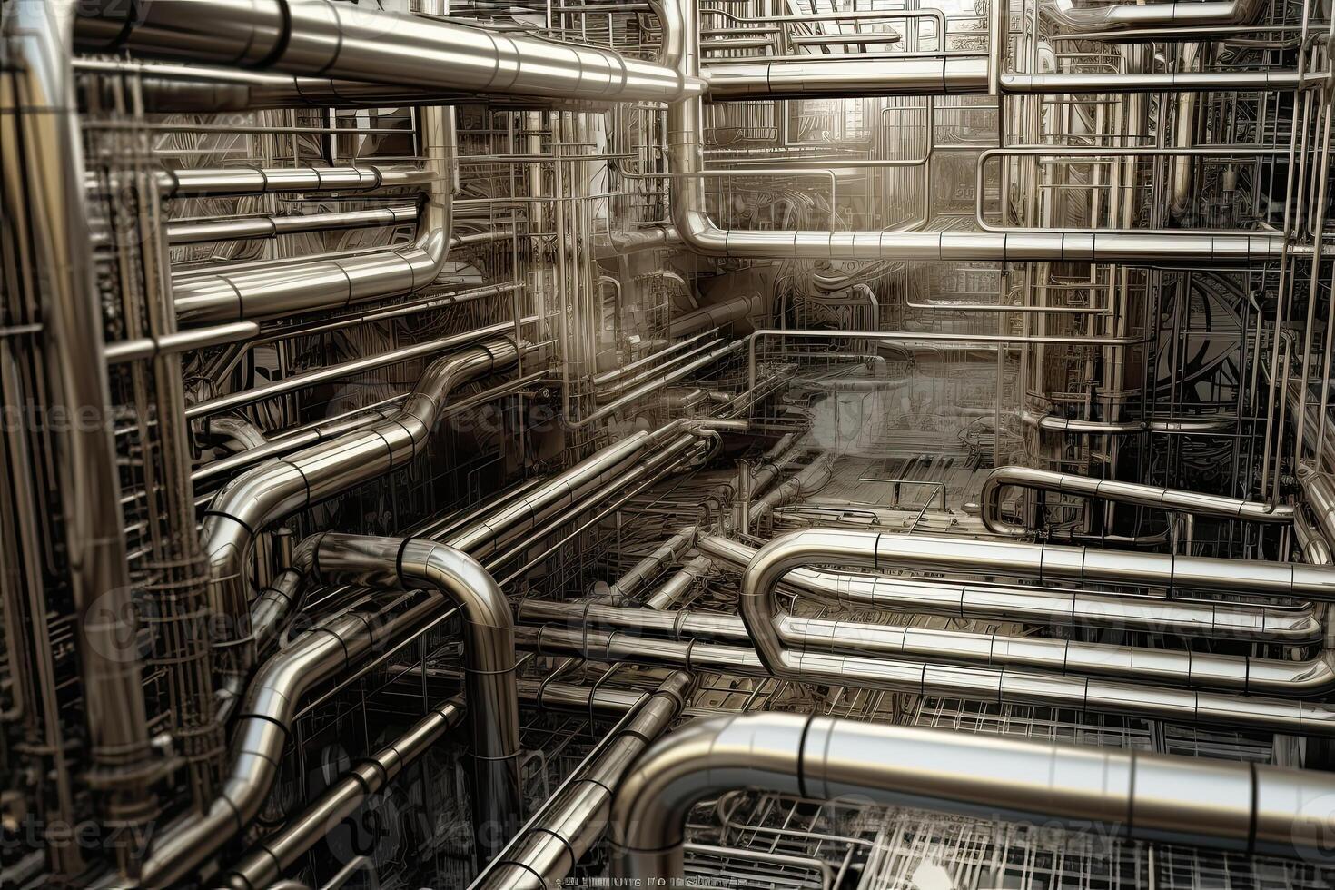 Maze of metal pipes and wires of the semiconductor factory creates an intricate, almost artistic pattern. photo