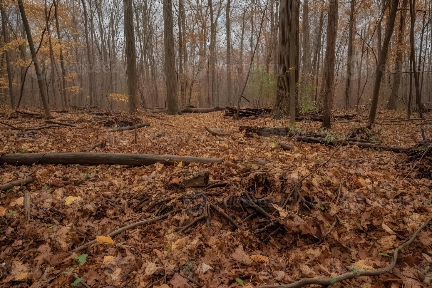 Forest floor was covered in a thick layer of fallen leaves and debris. photo