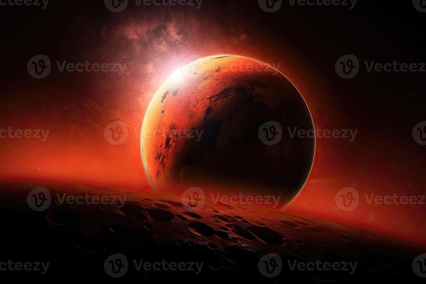 Bright red planet looms ominously in the distance, casting a reddish hue over everything. photo