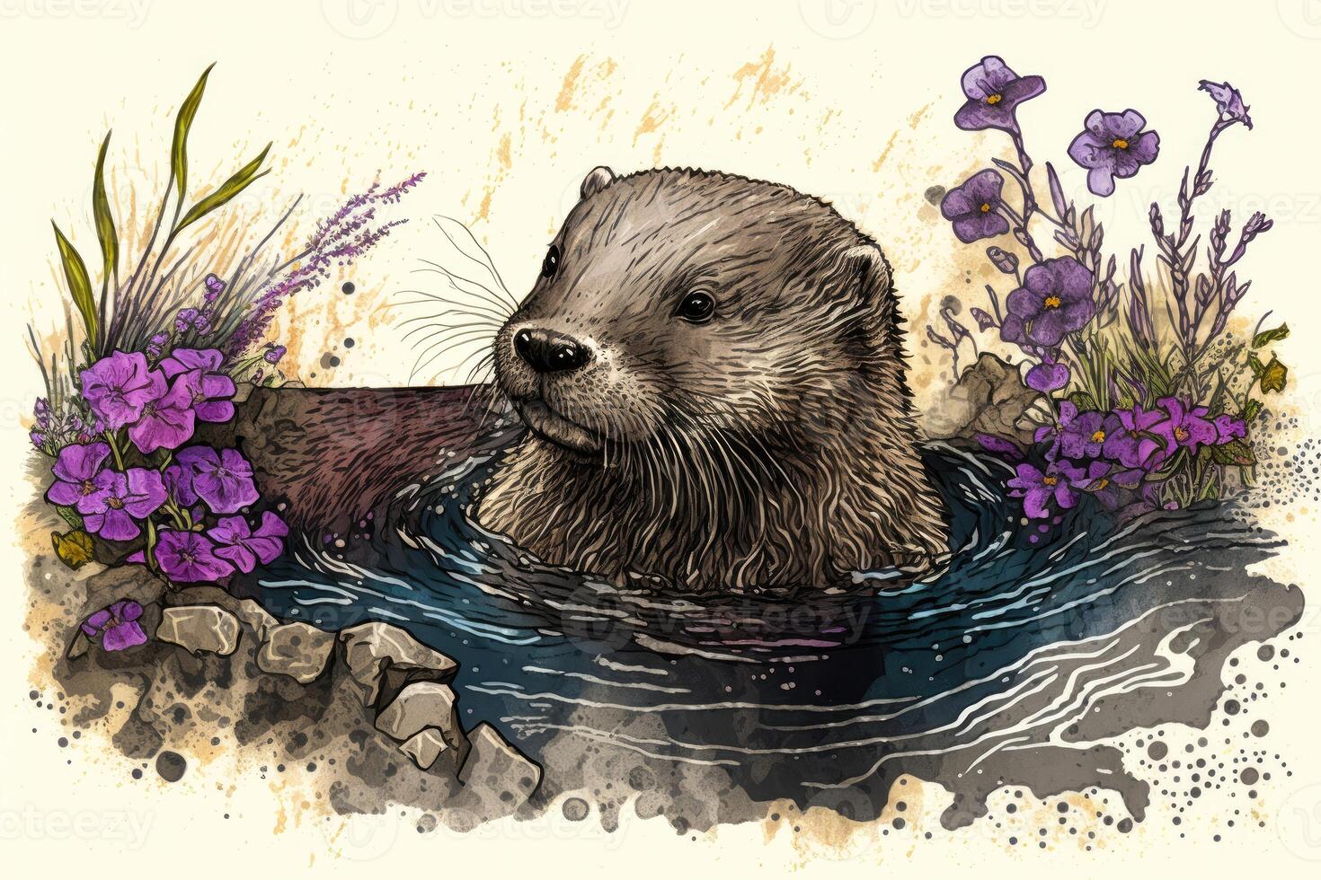 Playful otter frolicked in a stream bordered by blooming lavender. Ink color painting. photo