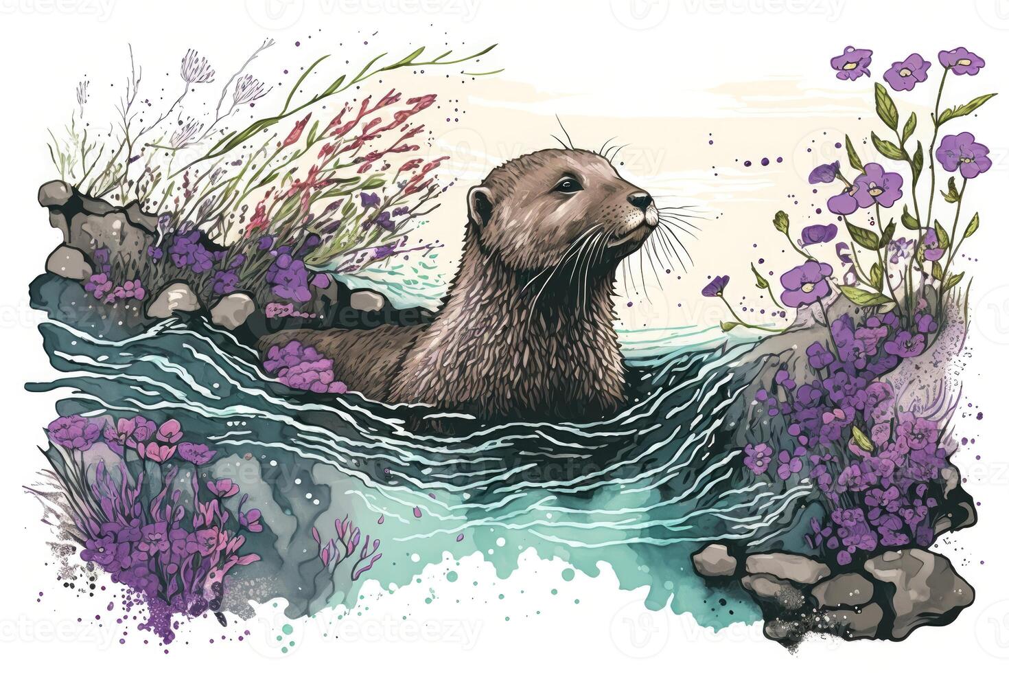 Playful otter frolicked in a stream bordered by blooming lavender. Ink color painting. photo