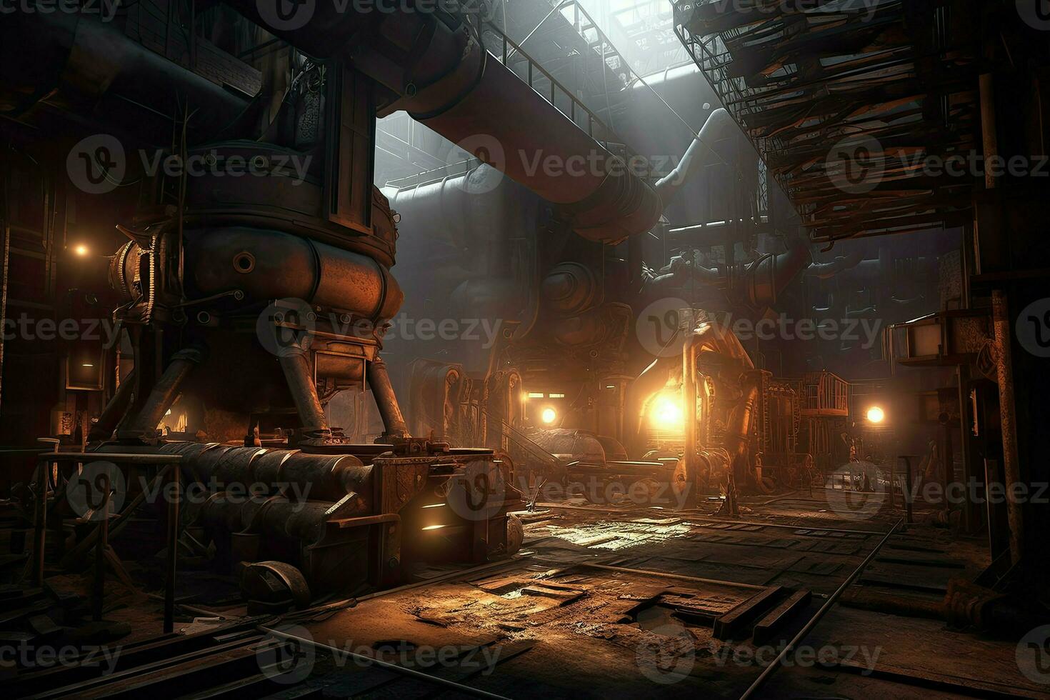AI Generated Glowing furnaces and machinery of the steel mill create a surreal, almost otherworldly atmosphere. photo