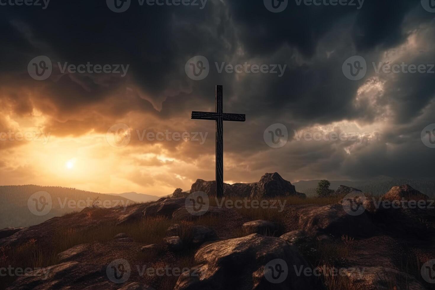 Cross on the top of the mountain with sunset background. photo