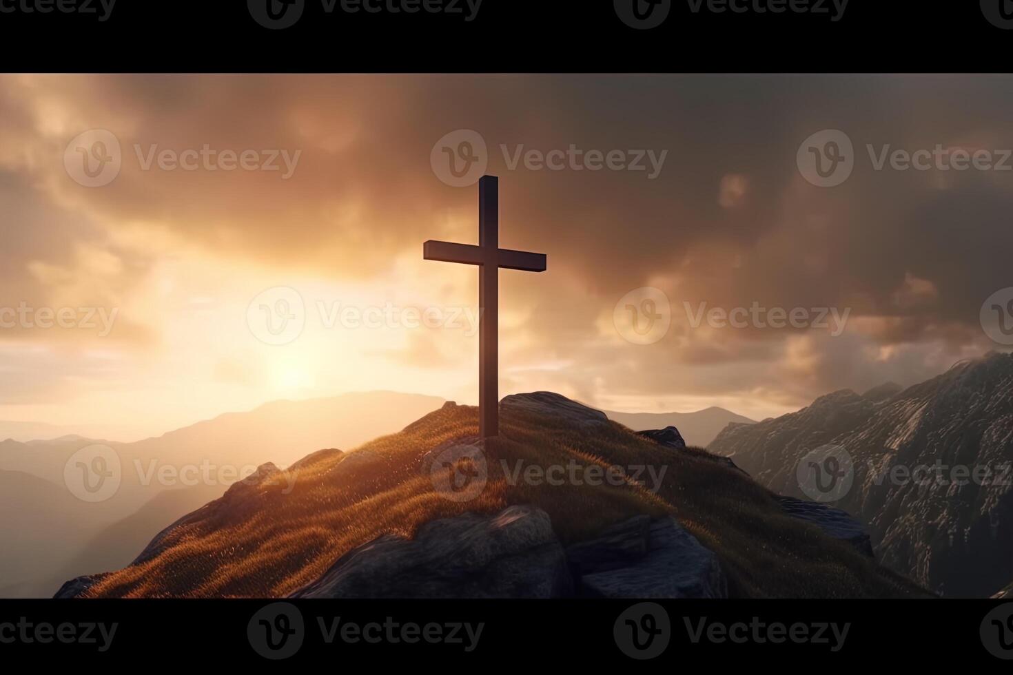 Cross on the top of the mountain with sunset background. photo