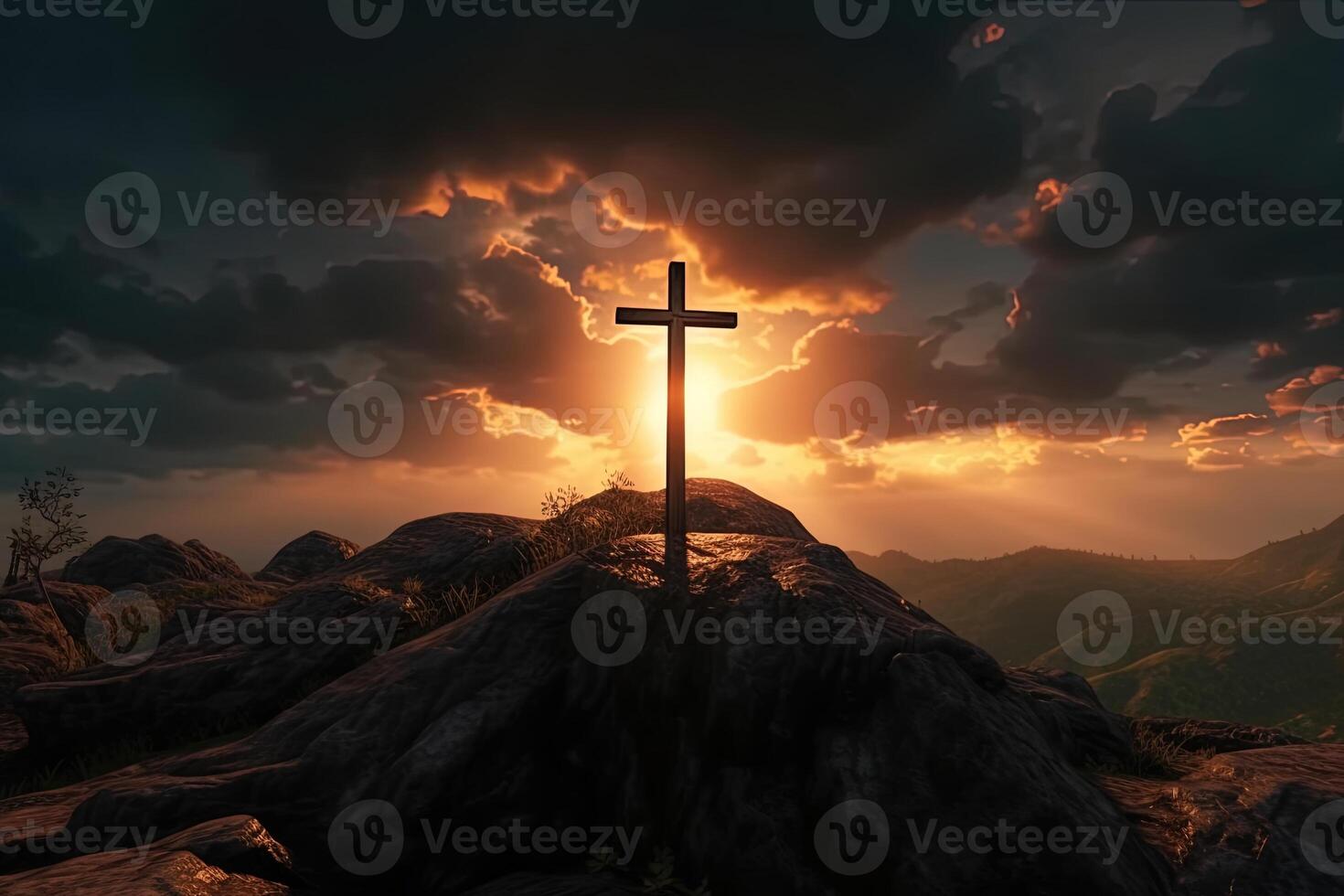 Cross on the top of the mountain with sunset background. photo