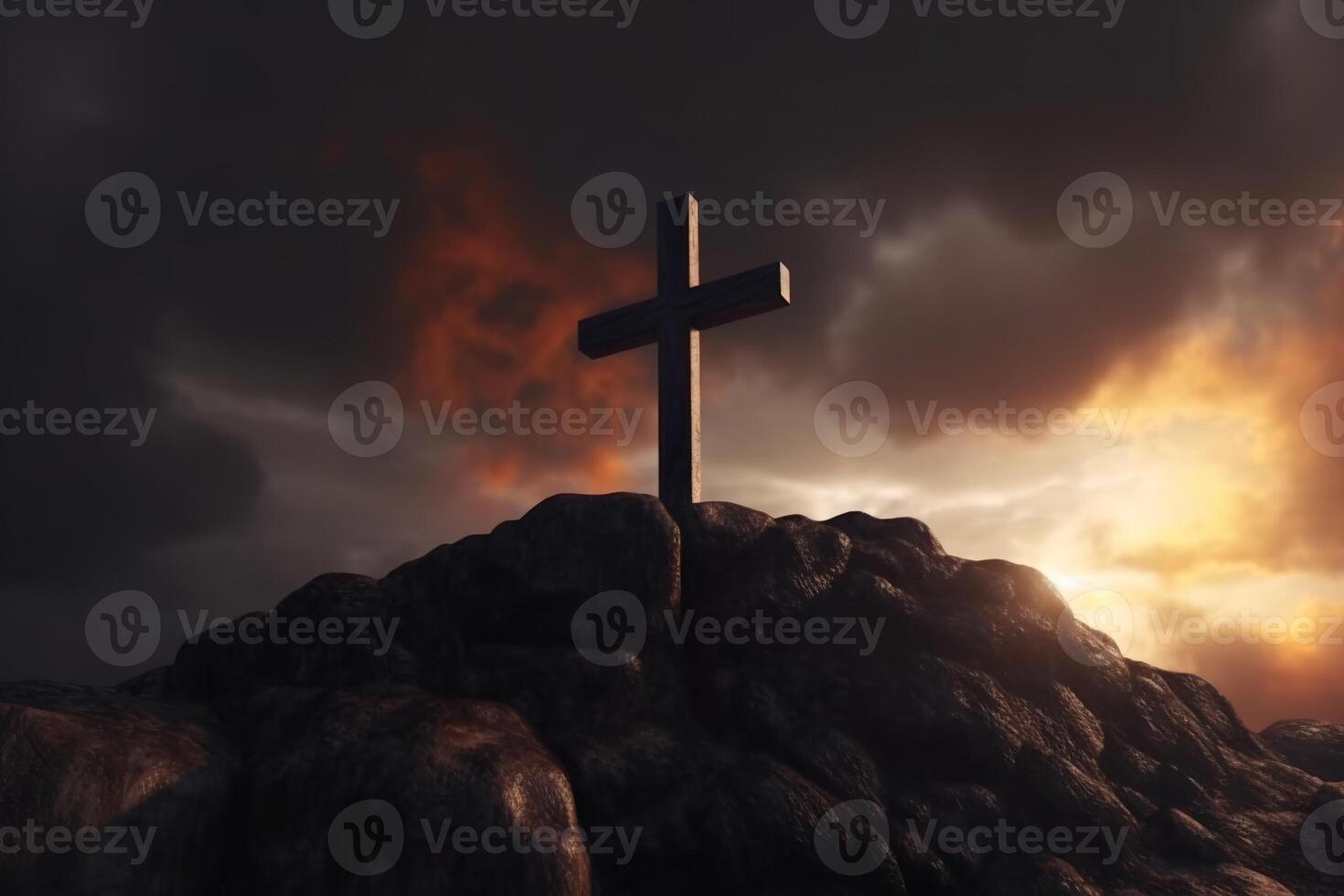 Cross on the top of the mountain with sunset background. photo