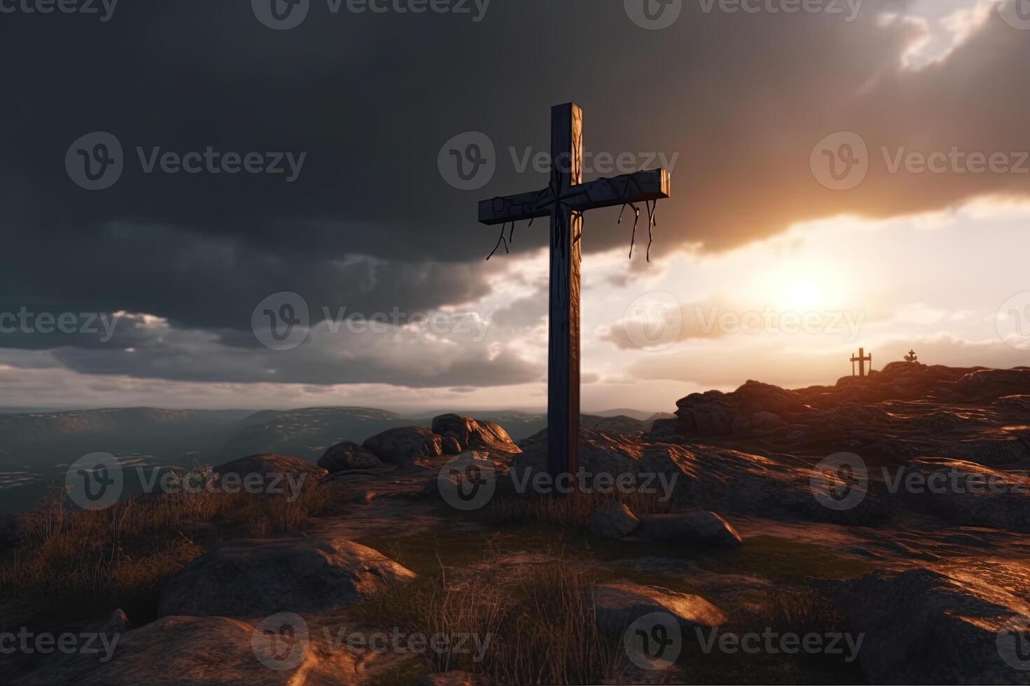 Cross on the top of the mountain with sunset background. photo